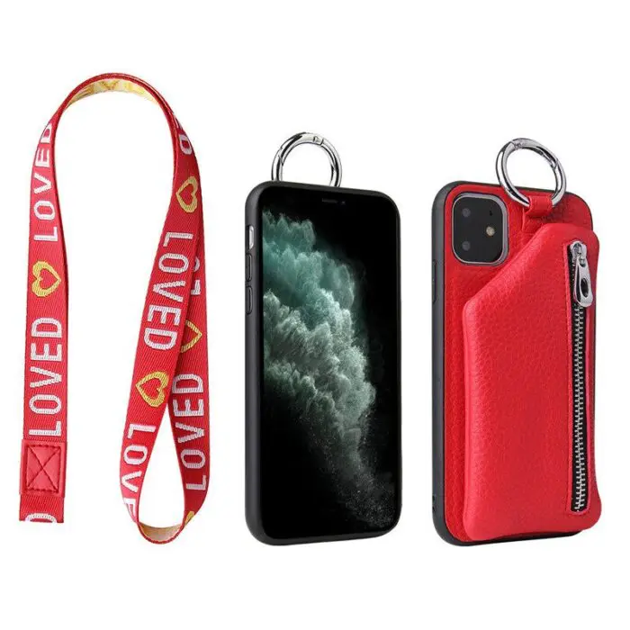 Practical PU Leather Phone Protective Case with Neck Lanyard and Wallet