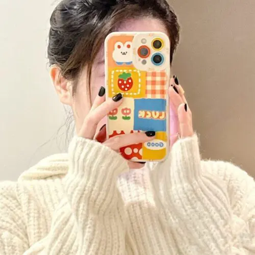 Cartoon Rabbit Print Phone Case – Leather, Stylish, Compatible with iPhone