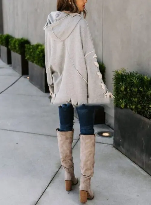 Oversized Hooded Pile Collar Sweater for Ladies - Autumn and Winter Cotton with a Frayed Edge