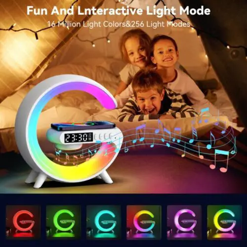 Mini Wireless Speaker Lamp with Alarm Clock, Atmosphere Light, and 15W Wireless Charging