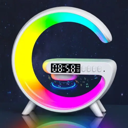 Mini Wireless Speaker Lamp with Alarm Clock, Atmosphere Light, and 15W Wireless Charging