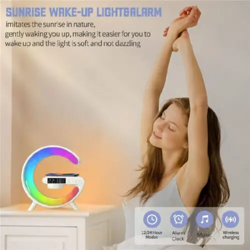 Mini Wireless Speaker Lamp with Alarm Clock, Atmosphere Light, and 15W Wireless Charging