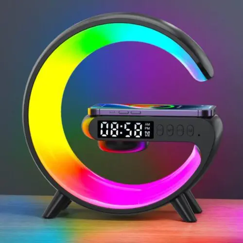 Mini Wireless Speaker Lamp with Alarm Clock, Atmosphere Light, and 15W Wireless Charging