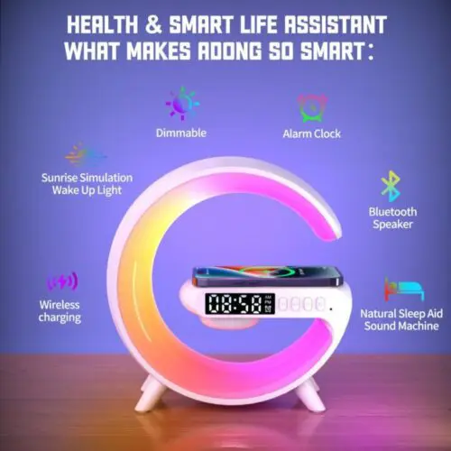 Mini Wireless Speaker Lamp with Alarm Clock, Atmosphere Light, and 15W Wireless Charging