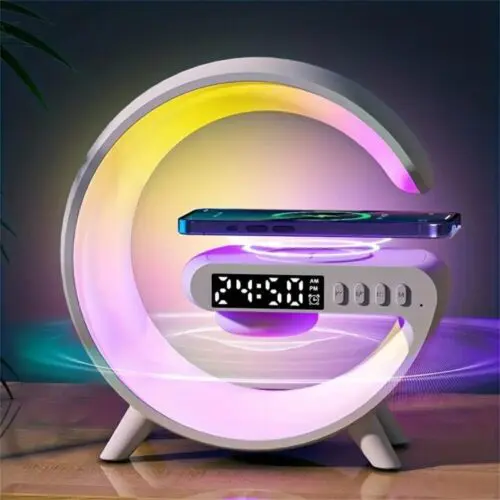Mini Wireless Speaker Lamp with Alarm Clock, Atmosphere Light, and 15W Wireless Charging