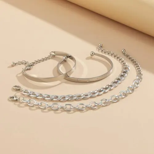 Gold or Silver Chain Bracelet Set: Simple And Smooth C-shaped Hollow Chain Bracelet Set