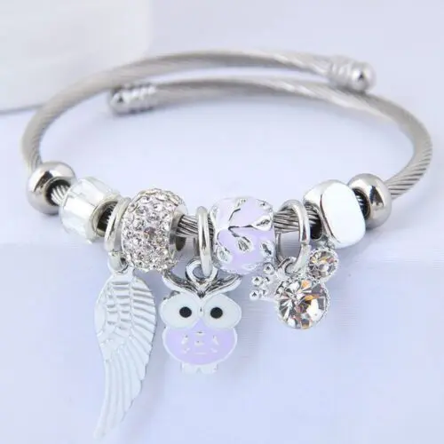 DIY Beaded Owl and Angel Wings Charm Beaded Stainless Steel Bracelet