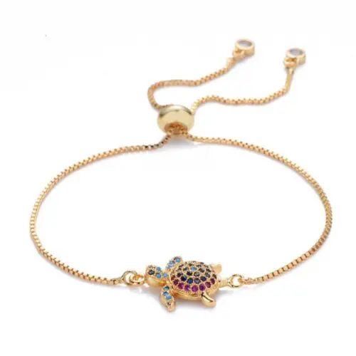 Adjustable Turtle Bracelet with Stones: Colorful Micro-Inlaid Turtle Bracelet Pendant