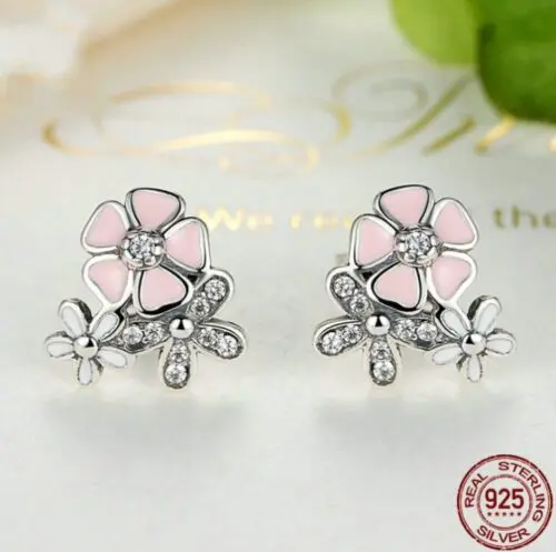 Unique Cherry Blossom Silver Earrings: Cherry Blossom Bloom Sterling Silver Daisy Earrings