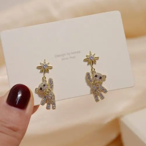 Cute Rhinestone Dancing Bear Earrings: Adorable Bear Charm Studs with Sparkling Rhinestones
