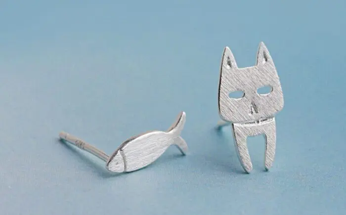 Whimsical Comet Cat-Fish S925 Sterling Silver Detachable Cat Fish Pin Stud Earrings