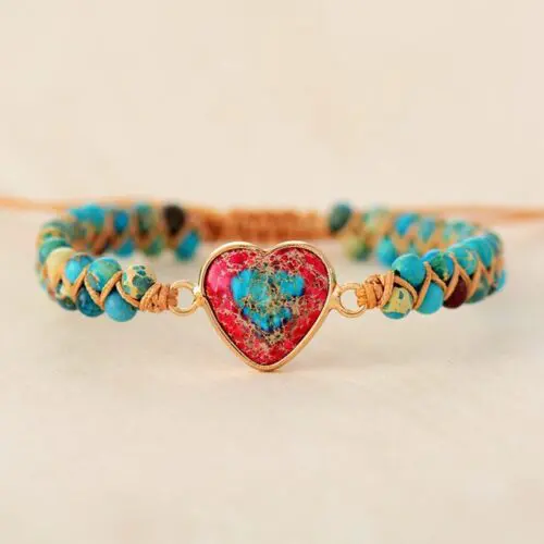 Boho Friendship Heart Bracelet: Peach Heart Love Red Emperor Stone Braided Bracelet