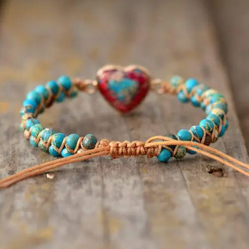 Boho Friendship Heart Bracelet: Peach Heart Love Red Emperor Stone Braided Bracelet