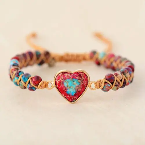 Boho Friendship Heart Bracelet: Peach Heart Love Red Emperor Stone Braided Bracelet