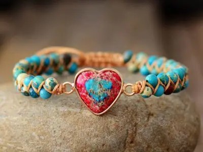 Boho Friendship Heart Bracelet: Peach Heart Love Red Emperor Stone Braided Bracelet