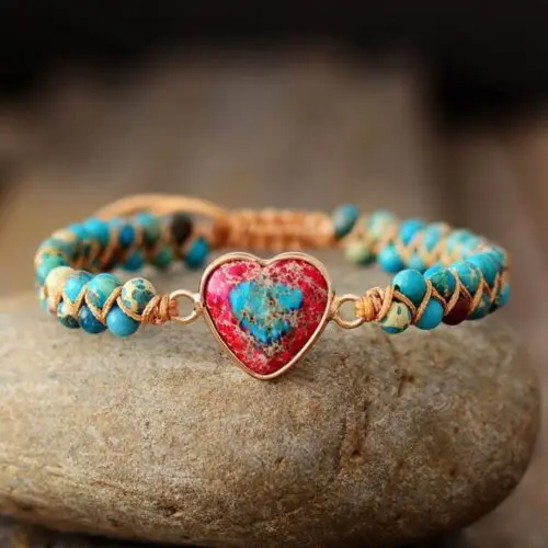 Boho Friendship Heart Bracelet: Peach Heart Love Red Emperor Stone Braided Bracelet