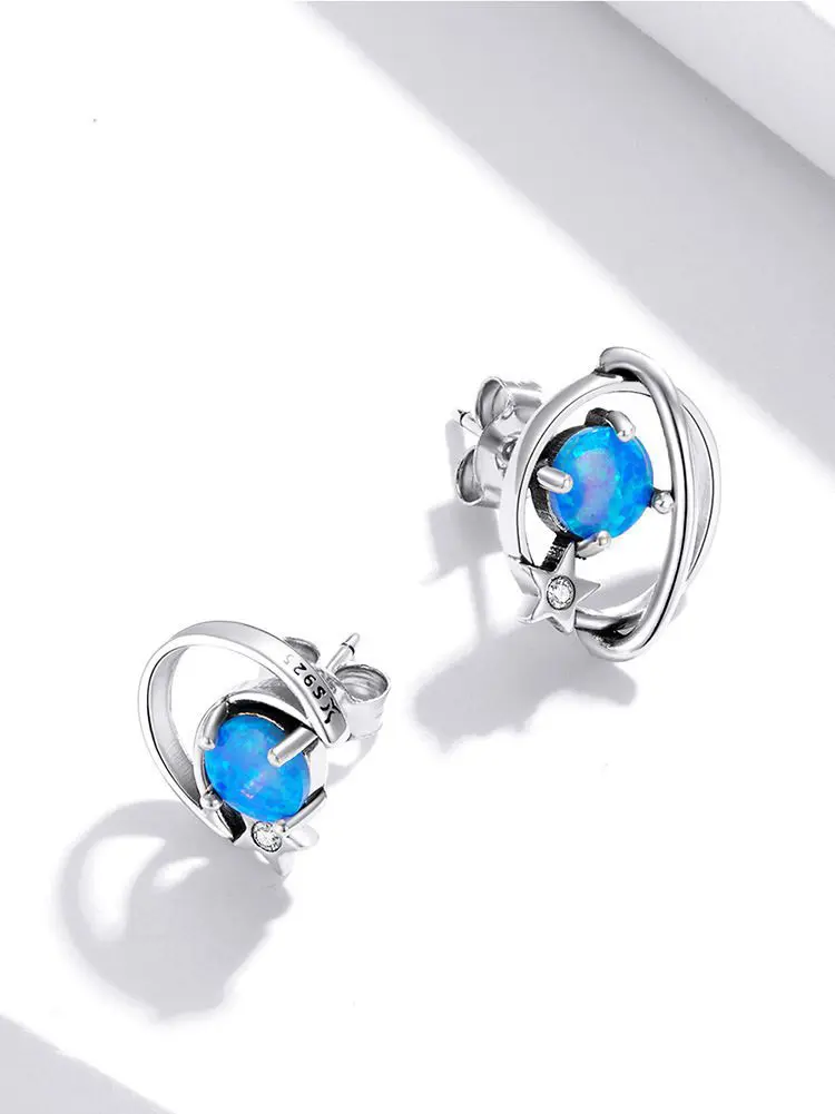 Blue Opal Elegance Sterling Silver Women’s Hollow Earrings