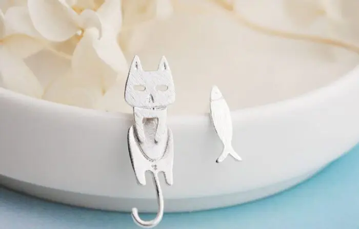 Whimsical Comet Cat-Fish S925 Sterling Silver Detachable Cat Fish Pin Stud Earrings