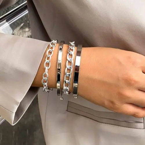 Gold or Silver Chain Bracelet Set: Simple And Smooth C-shaped Hollow Chain Bracelet Set
