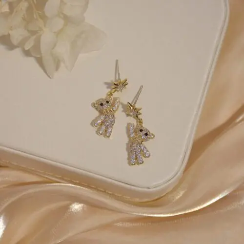 Cute Rhinestone Dancing Bear Earrings: Adorable Bear Charm Studs with Sparkling Rhinestones