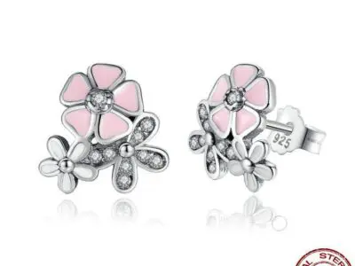 Unique Cherry Blossom Silver Earrings: Cherry Blossom Bloom Sterling Silver Daisy Earrings