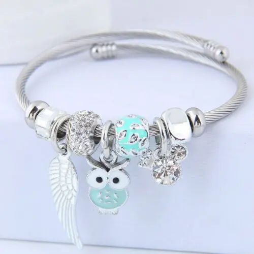 DIY Beaded Owl and Angel Wings Charm Beaded Stainless Steel Bracelet