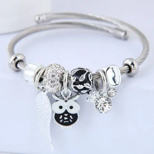 DIY Beaded Owl and Angel Wings Charm Beaded Stainless Steel Bracelet