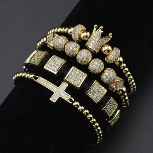 Luxury Bracelet for Men - CZ Crown Cross Charm Stainless Steel Beads Set