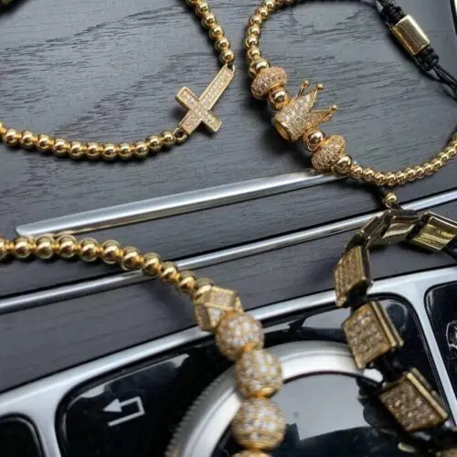 Luxury Bracelet for Men - CZ Crown Cross Charm Stainless Steel Beads Set