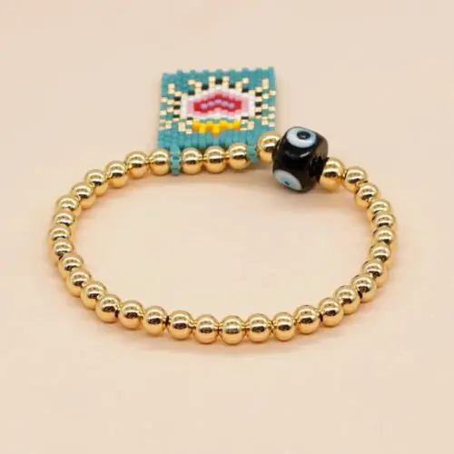 Boho Handmade Bracelet - Handmade Gold Plated Ball Beaded Stretch Bracelet with Evil Eye Beads