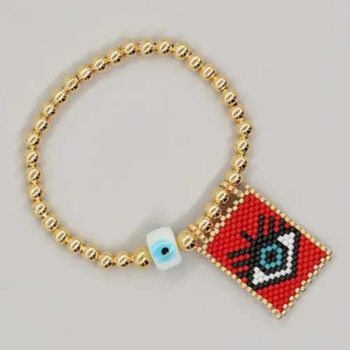 Boho Handmade Bracelet - Handmade Gold Plated Ball Beaded Stretch Bracelet with Evil Eye Beads