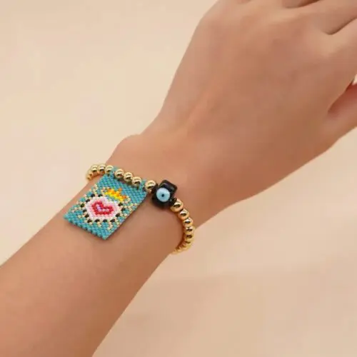Boho Handmade Bracelet - Handmade Gold Plated Ball Beaded Stretch Bracelet with Evil Eye Beads - Image 4