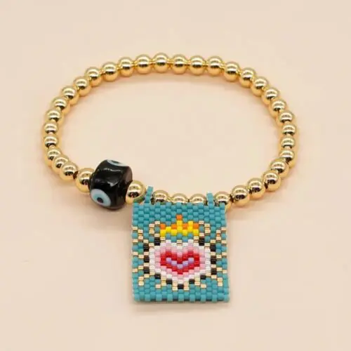 Boho Handmade Bracelet - Handmade Gold Plated Ball Beaded Stretch Bracelet with Evil Eye Beads
