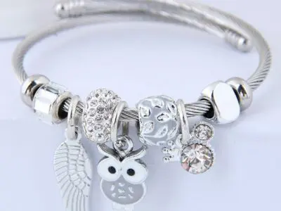 DIY Beaded Owl and Angel Wings Charm Beaded Stainless Steel Bracelet