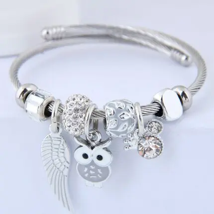 Owl and Angel Wings Charm Beaded Stainless Steel Bracelet