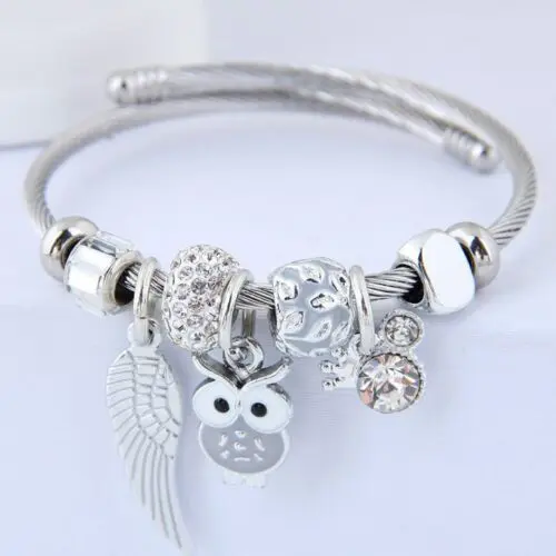 DIY Beaded Owl and Angel Wings Charm Beaded Stainless Steel Bracelet