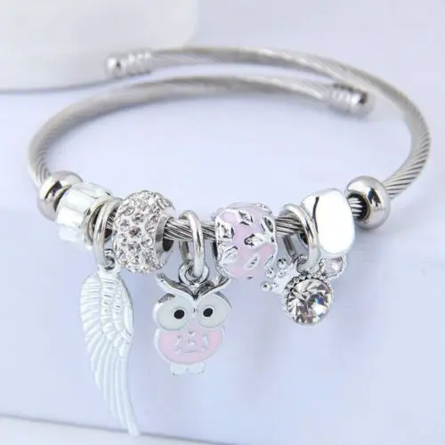 DIY Beaded Owl and Angel Wings Charm Beaded Stainless Steel Bracelet