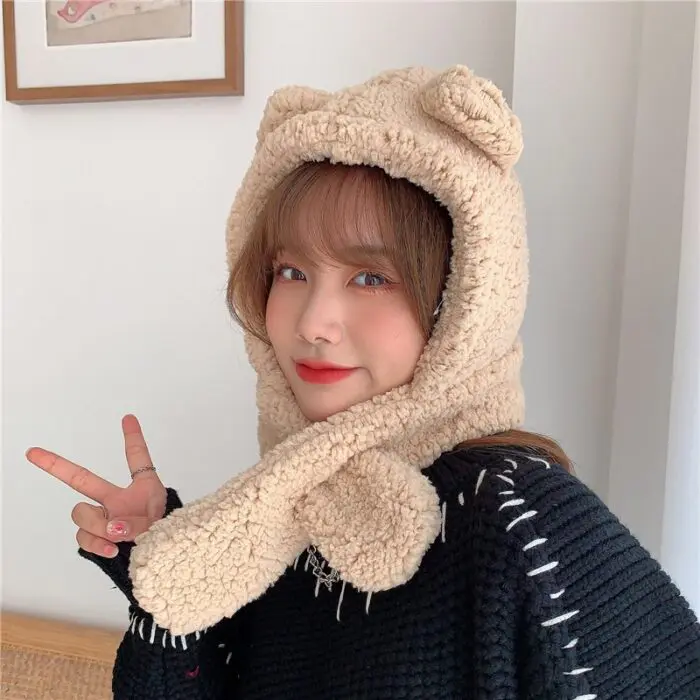 Stay Fashionable and Cozy with Women’s Solid Color Bear Ears Hat Scarf