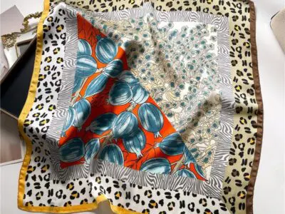 Leopard Print Pomegranate Color-Blocking Flower Silk Women’s Square Scarf