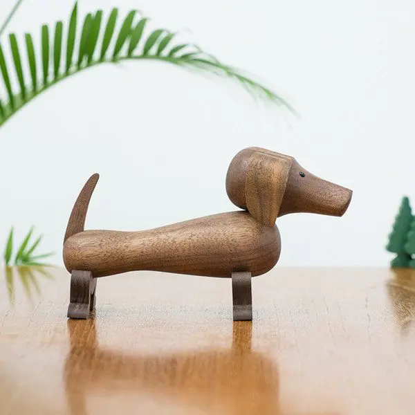 Handmade Black Walnut Wooden Sausage Dog Statue – Desktop Figurine Animal Ornament for Living Room, 8.6 Inches Long