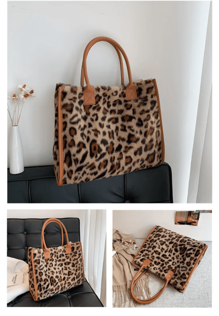 Fashion Animal Print PU Leather Small Handbag with Plush Design for Women