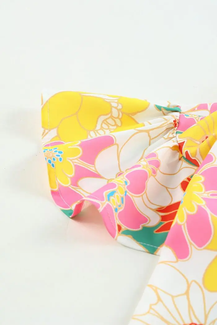 Vibrant Multicolor Floral Top with Stand Collar and Flutter Sleeves
