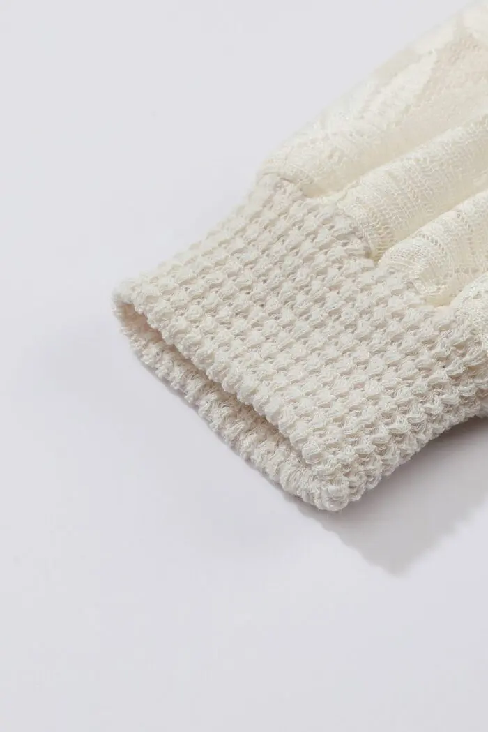 Sunflower Dreams- Beige Waffle Knit Top with Mesh Bubble Sleeves