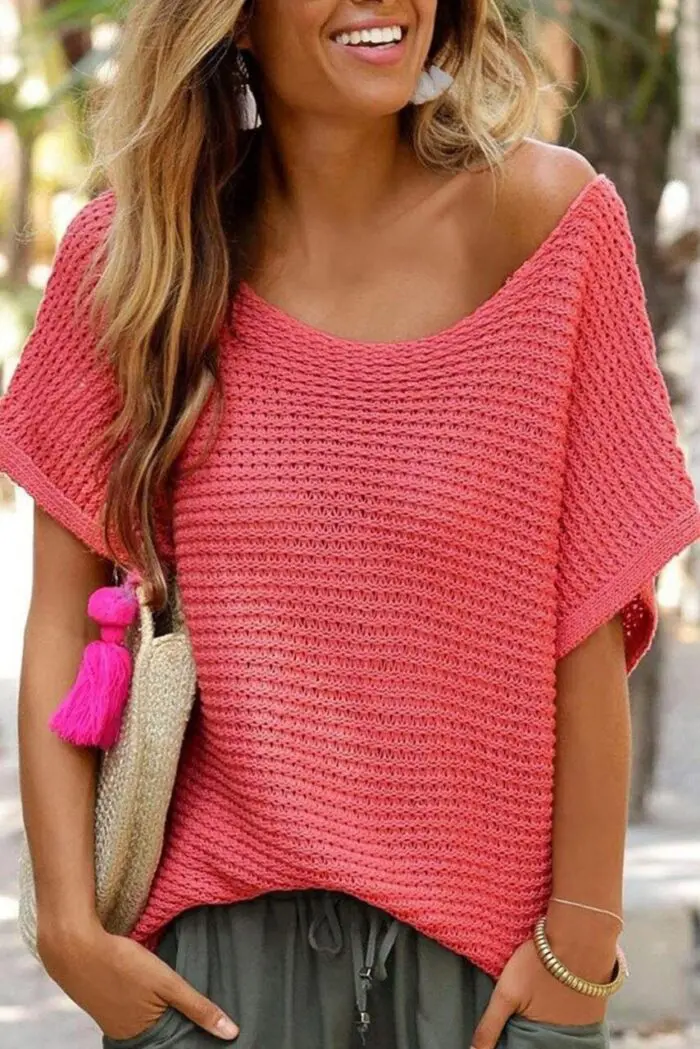 Cozy Elegance-Solid Loose-Knit Sweater with Short Dolman Sleeves