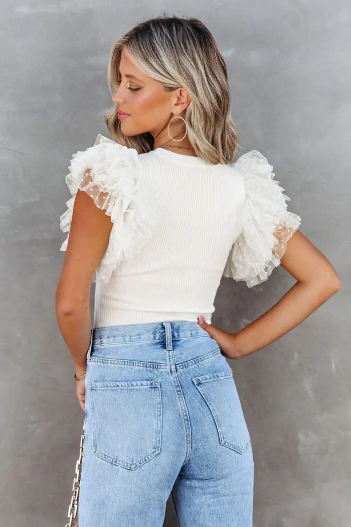 Chic White Dotty Mesh Ribbed Knit Top with Ruffle Sleeves