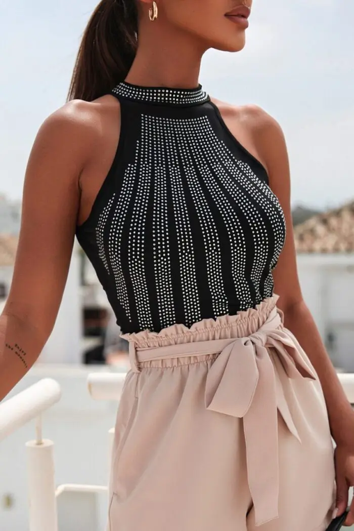Sleek Black High Neck Sleeveless Bodysuit with Diamante Embellishments