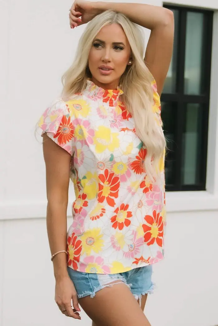 Purple Floral Top with Multicolor Stand Collar and Flutter Sleeves