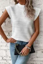 Wavy White Elegance-Textured Mock Neck Cap Sleeve Top