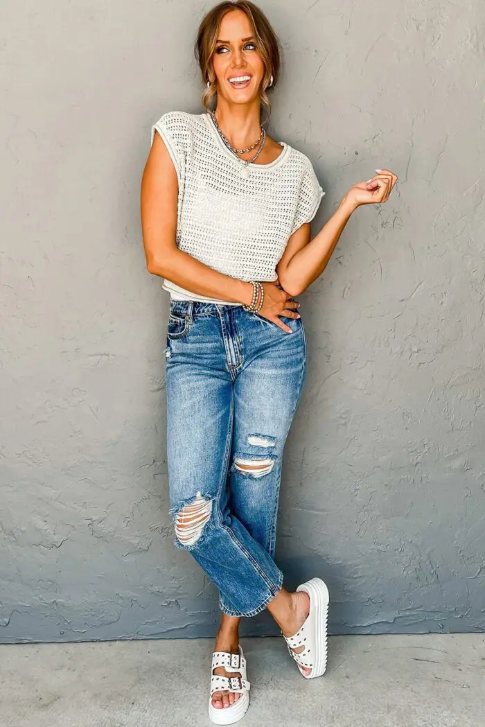 Chic White Cap Sleeve Sweater with Elegant Hollow Out Knit Design