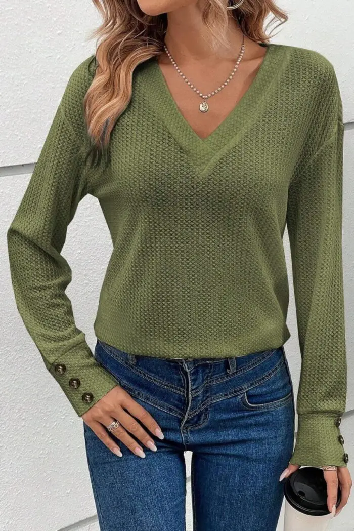 Jungle Green Textured Knit Top with V-Neck and Button Cuffs for Stylish Comfort